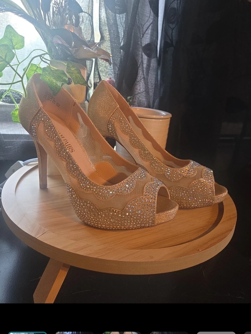 Beige Crystal Peep-Toe High Heels - Dream Pairs
